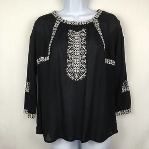 Lucky Brand Black White Embroidered Peasant Top XS